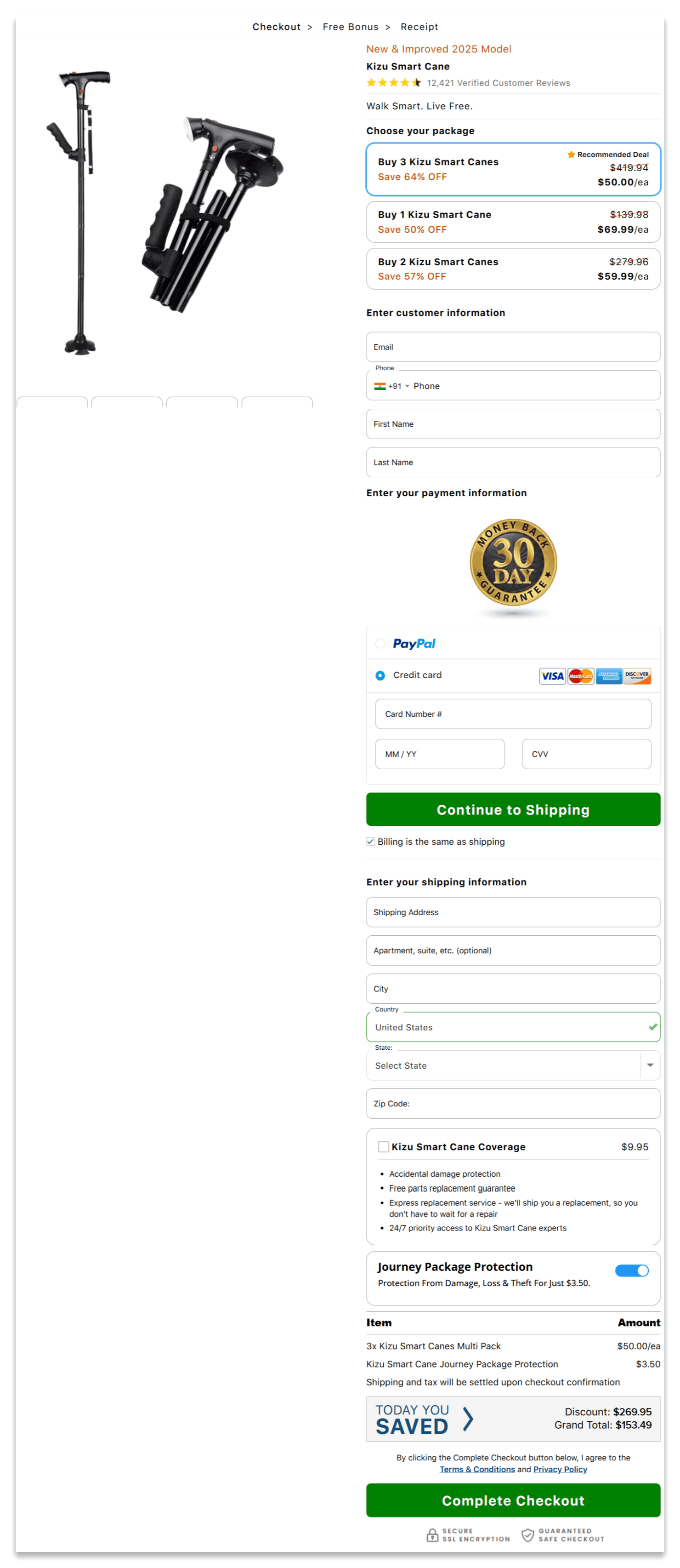 Kizu Smart Cane secure checkout page